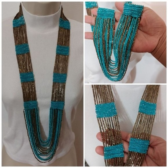Hand Crafted Jewelry - Boho Statement Gold Turquoise Seed Bead Partially Woven Layered Necklace